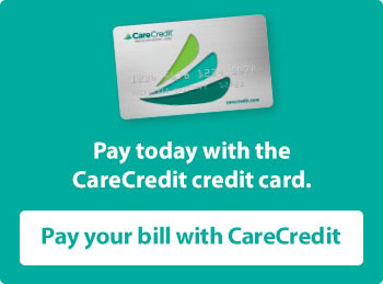 The image displays a credit card with a logo that says  CareCredit  on a white background, accompanied by text that reads  Pay today with the CareCredit credit card.