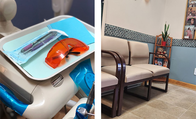 An image showing a dental office with a tray containing dental instruments and a chair with a protective blue cover on it.