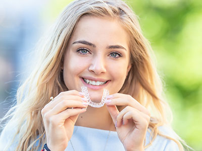 The image shows a young woman smiling and holding up a toothbrush with bristles near her mouth, suggesting dental hygiene.