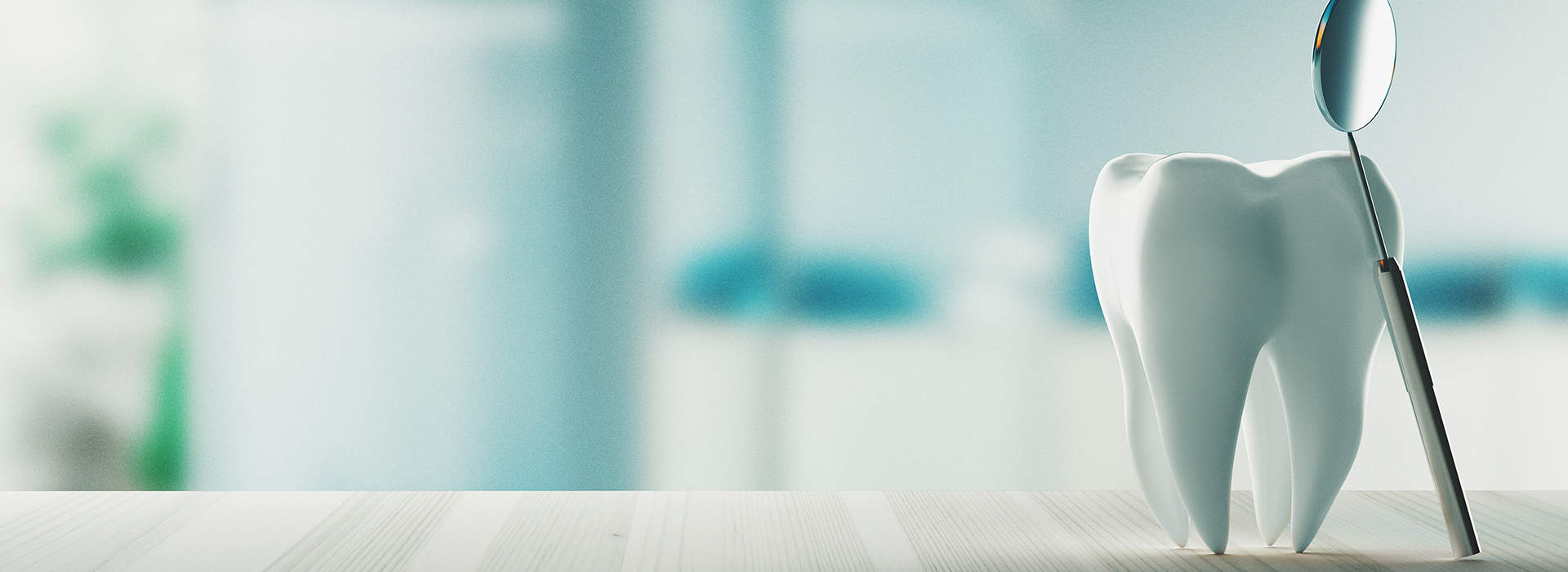 The image shows a close-up view of a toothbrush with bristles against a blurred background featuring a dental office setting, with a focus on oral hygiene.