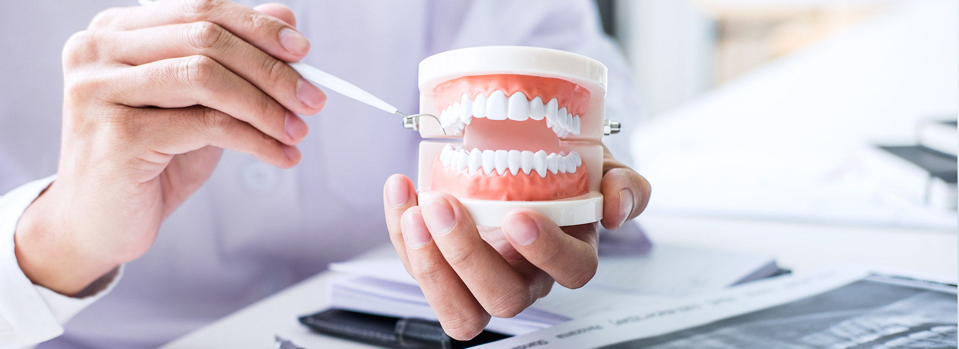 A person holding a cup with teeth models, seemingly demonstrating dental implants or a related product.