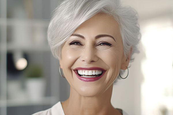 A smiling woman with gray hair and makeup, wearing a white top, stands against a blurred background.